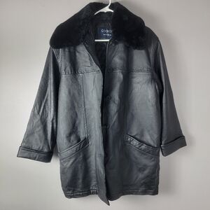 Cooper Collections Jacket Black Leather Faux Fur Collar Buttons Quilt Lined Sz M